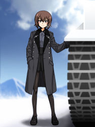 Rule 34 | 1girl, black coat, black footwear, black pantyhose, black skirt, blouse, blue sky, blurry, blurry background, breath, brown eyes, brown hair, closed mouth, cloud, cloudy sky, coat, commentary request, day, depth of field, dress shirt, full body, girls und panzer, grey shirt, hand in pocket, highres, kuromorimine school uniform, loafers, long sleeves, looking at viewer, military, military vehicle, miniskirt, motor vehicle, mountainous horizon, nishizumi maho, oosaka kanagawa, open clothes, open coat, outdoors, pantyhose, partial commentary, pleated skirt, school uniform, shadow, shirt, shoes, short hair, skirt, sky, smile, solo, standing, tank, trench coat, wing collar, winter uniform