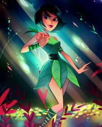Rule 34 | 1girl, alternate costume, alternate hairstyle, artist name, ashi (samurai jack), bare shoulders, black hair, breasts, dress, full body, green dress, hair down, highres, leaf dress, lips, md5 mismatch, narrow waist, purple eyes, resized, resolution mismatch, rotodisk, samurai jack, short hair, single-shoulder dress, single strap, small breasts, solo, source smaller, spoilers, upscaled