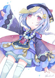 Rule 34 | 1girl, bead necklace, beads, blue shorts, braid, cape, chinese clothes, coin hair ornament, commentary request, genshin impact, hair between eyes, hair ornament, hat, highres, jewelry, jiangshi, long hair, long sleeves, looking away, looking up, low ponytail, necklace, ofuda, parted lips, purple eyes, purple hair, qingdai guanmao, qiqi (genshin impact), shorts, sidelocks, simple background, single braid, solo, thighhighs, vision (genshin impact), white background, white thighhighs, yutukicom, zettai ryouiki