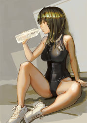 Rule 34 | 1girl, arm support, aro (charged time out), bad id, bad pixiv id, bottle, breasts, brown hair, competition swimsuit, drinking, goggles, unworn goggles, green eyes, green hair, large breasts, long hair, matching hair/eyes, no socks, object in clothes, object in swimsuit, one-piece swimsuit, original, profile, red eyes, shoes, sitting, sneakers, solo, spread legs, swimsuit, water, water bottle