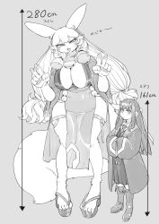 Rule 34 | absurdres, bell, boots, breasts, cleavage, crossed arms, double v, frown, furry, furry female, giant ojou-sama, height difference, highres, japanese clothes, large breasts, long hair, midori (giant ojou-sama), monochrome, neck bell, necktie, nikukaiq, okobo, pawpads, pleated skirt, ringed eyes, sandals, side slit, skirt, sumire (giant ojou-sama), tabi, tail, v