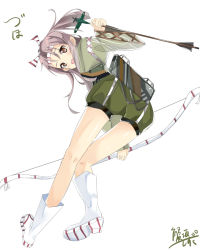 Rule 34 | 10s, 1girl, arrow (projectile), ass, bad id, bad nicoseiga id, blush, bow (weapon), brown eyes, brown hair, from behind, hachimaki, hair ribbon, headband, high ponytail, japanese clothes, kanisaka shizuku, kantai collection, long hair, looking at viewer, looking back, muneate, open mouth, ponytail, ribbon, simple background, solo, weapon, zuihou (kancolle)