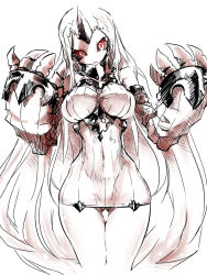 Rule 34 | 10s, 1girl, abyssal ship, detached sleeves, dress, horns, jin (mugenjin), kantai collection, long hair, red eyes, ribbed dress, seaport princess, short dress, simple background, single horn, solo, thigh gap, very long hair, white background, white hair