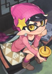 Rule 34 | + +, 1girl, :&gt;, ankle boots, arm support, beanie, bike shorts, black hair, black shorts, blurry, blurry background, boots, brown footwear, callie (splatoon), cardigan, casual, closed mouth, commentary request, cup, depth of field, downblouse, earrings, elbow rest, foreshortening, gradient hair, hair ornament, hand on own face, hat, hat ornament, head rest, highres, holding, holding cup, inkling, jewelry, kin niku, light blush, light smile, long hair, long sleeves, looking at viewer, mole, mole under eye, multicolored hair, newspaper, nintendo, open cardigan, open clothes, pink cardigan, pink legwear, pointy ears, shirt, shorts, sitting, smile, solo, splatoon (series), star (symbol), star hair ornament, swept bangs, tentacle hair, white shirt