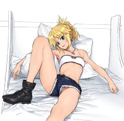 Rule 34 | 1girl, absurdres, ankle boots, bandeau, bare legs, bare shoulders, belt, blonde hair, blue eyes, blush, boots, braid, breasts, commentary request, denim, denim shorts, fate/apocrypha, fate (series), french braid, head tilt, highres, ikezawa shin, jewelry, knee up, looking at viewer, lying, midriff, mordred (fate), mordred (fate/apocrypha), mordred (memories at trifas) (fate), on back, on bed, panties, panty peek, pendant, ponytail, short hair, short shorts, shorts, sleeveless, small breasts, tomboy, underwear, upshorts, white panties