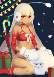Rule 34 | 1girl, altera (fate), altera the santa (fate), bare legs, bare shoulders, breasts, choker, christmas, cleavage, closed mouth, collarbone, dark-skinned female, dark skin, detached sleeves, earmuffs, fate/grand order, fate (series), feet out of frame, full-body tattoo, gloves, headdress, highres, midriff, no panties, photon ray (fate), pout, pubic tattoo, red eyes, santa costume, sheep, short hair, small breasts, solo, stomach tattoo, tagme, tan, tattoo, thighs, yunkaiming