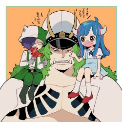 Rule 34 | 1girl, 2boys, aged down, ahoge, blue dress, blue hair, blue skirt, boots, candy, chest tattoo, child, commentary request, dress, eye poke, food, green hair, green hat, hair over one eye, hat, highres, horns, lollipop, looking at another, mask, mouth mask, multicolored hair, multiple boys, on shoulder, one piece, orange background, page one (one piece), pink eyes, pink hair, poking, puffy short sleeves, puffy sleeves, purple hair, red footwear, sasaki (one piece), sharp teeth, shin yama3, short sleeves, sidelocks, skirt, socks, tattoo, teeth, translation request, tusks, two-tone hair, two-tone hat, ulti (one piece), white hat, white socks