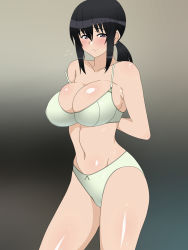 Rule 34 | 1girl, arms behind back, bare arms, bare legs, bare shoulders, black hair, blush, bra, breasts, cleavage, collarbone, cowboy shot, embarrassed, gradient background, highres, huge breasts, impossible clothes, kagemusha, legs, long hair, looking at viewer, navel, original, panties, ponytail, purple eyes, shiny skin, simple background, solo, standing, thighs, underwear, white bra, white panties