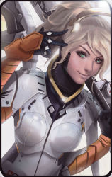 Rule 34 | 1girl, absurdres, alternate eye color, armor, black gloves, blonde hair, bodysuit, breastplate, breasts, closed mouth, cowboy shot, eyelashes, gloves, green eyes, hair ornament, hair tie, halo, hand up, headgear, highres, holding, holding staff, holding weapon, lips, long hair, long sleeves, looking at viewer, makeup, mascara, mechanical halo, mechanical wings, medium breasts, mercy (overwatch), over shoulder, overwatch, overwatch 1, petri rahkola, ponytail, signature, simple background, smile, solo, spread wings, staff, swiss flag, turtleneck, upper body, w, weapon, weapon over shoulder, white background, wings, yellow wings