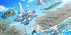 Rule 34 | absurdres, cloud, day, dutch angle, floating city, floating island, highres, nintendo, ocean, outdoors, reflection, rei (teponea121), scenery, shulk (xenoblade), signature, sky, water, xenoblade chronicles (series), xenoblade chronicles 1, xenoblade chronicles (series)
