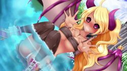 Rule 34 | 1girl, @ @, artist request, bare shoulders, bat wings, black sclera, black tank top, black thighhighs, blonde hair, blue skirt, blush, bracelet, breasts, cleavage, colored sclera, crop top, cross, cross necklace, demon girl, demon tail, embarrassed, fountain, game cg, gyaru, heart, heart necklace, high heel sneakers, high heels, high tops, horns, jewelry, large breasts, lethe (monster musume), long hair, looking at viewer, midriff, monster musume no iru nichijou, monster musume no iru nichijou online, navel, necklace, official art, open mouth, outdoors, panties, partially submerged, pink eyes, pink footwear, pink nails, plaid, plaid skirt, pleated skirt, ponytail, scrunchie, shoes, sitting, skirt, sneakers, solo, swept bangs, tail, tan, tank top, thighhighs, underboob, underwear, wardrobe malfunction, white panties, wings