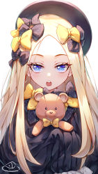 Rule 34 | 1girl, abigail williams (fate), absurdres, black bow, black dress, black hat, blonde hair, blue eyes, blush, bow, breasts, dress, fate/grand order, fate (series), forehead, hair bow, hat, highres, long hair, looking at viewer, multiple hair bows, open mouth, orange bow, parted bangs, polka dot, polka dot bow, ribbed dress, simple background, sleeves past fingers, sleeves past wrists, small breasts, solo, stuffed animal, stuffed toy, teddy bear, white background, xianyujun sam