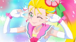 Rule 34 | 1girl, ;), blonde hair, choker, cure summer, double v, earrings, elbow gloves, fingerless gloves, flower, gloves, green eyes, hair flower, hair ornament, jewelry, kayabakoro, lipstick, long hair, looking at viewer, magical girl, makeup, multicolored eyes, multicolored hair, natsuumi manatsu, one eye closed, pink eyes, pink hair, pink lips, pink sailor collar, precure, sailor collar, shirt, sleeveless, sleeveless shirt, smile, solo, tropical-rouge! precure, v, white choker, white gloves, white shirt