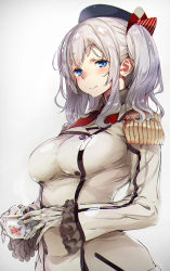 Rule 34 | 10s, 1girl, absurdres, beret, blue eyes, blush, breasts, buttons, cup, epaulettes, frilled sleeves, frills, gloves, hat, highres, jacket, kantai collection, kashima (kancolle), kerchief, large breasts, long hair, military, military uniform, sabaku no tanuki, sidelocks, silver hair, simple background, smile, solo, teacup, twintails, uniform, wavy hair, white gloves