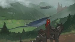Rule 34 | 1girl, aircraft, airship, animal ears, castle, cloud, facing away, fog, from behind, grass, grey legwear, mountain, multicolored hair, original, paintrfiend, plant, ponytail, riding, river, scenery, science fiction, soil, stream, tree