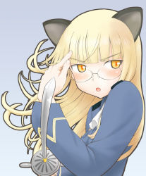 Rule 34 | 1girl, animal ears, bad id, bad pixiv id, blonde hair, blush, cat ears, glasses, long hair, military, military uniform, open mouth, perrine h. clostermann, rapier, sezamyan, solo, strike witches, sword, uniform, weapon, world witches series, yellow eyes