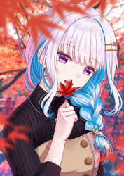 Rule 34 | autumn leaves, black sweater, blue hair, blunt bangs, braid, bridge, colored inner hair, floral print, hair ornament, hairclip, holding, holding leaf, jewelry, leaf, lize helesta, lize helesta (5th costume), maple leaf, maple tree, mizunashi hayate, multicolored hair, necklace, nijisanji, official alternate costume, official alternate hairstyle, pendant, purple eyes, ribbed sweater, sidelocks, smile, solo, sweater, tree, turtleneck, turtleneck sweater, upper body, virtual youtuber, white hair