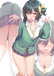 Rule 34 | 1girl, ass, black hair, black skirt, blush, bow, breasts, cardigan, cleavage, collared shirt, commentary request, deadnooodles, downblouse, dress shirt, fang, green cardigan, green nails, hair between eyes, hair bow, heavy breathing, highres, long sleeves, looking at viewer, love live!, love live! nijigasaki high school idol club, medium breasts, mifune shioriko, multiple views, nail polish, necktie, one side up, open mouth, pleated skirt, puffy long sleeves, puffy sleeves, red eyes, school uniform, shirt, simple background, skirt, sleeves past wrists, socks, sweat, tears, trembling, wavy mouth, white background, white legwear, white shirt, yellow bow, yellow necktie