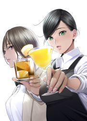 Rule 34 | 2girls, alcohol, apron, beige jacket, black bow, black hair, bow, brown hair, collared shirt, commentary request, cup, drink, drinking glass, facing viewer, green eyes, hayakawa pao, holding, holding cup, holding drink, holding drinking glass, madoromi barmaid, multiple girls, nail, nail polish, original, outstretched arms, parted lips, pink eyes, pink lips, shirt, swept bangs, tsukigawa yuki, white shirt