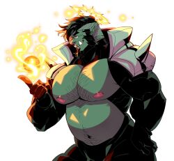 Rule 34 | 1boy, aldrich (4giogio4), armor, bara, bare pectorals, beard, belly, colored skin, energy ball, facial hair, fat, fat man, feet out of frame, fire, fire light, from side, gift art, glowing, glowing halo, green skin, halo, highres, huge pectorals, index finger raised, kokukokuboo, leaning forward, looking ahead, male focus, mature male, monster boy, muscular, muscular male, navel, navel hair, nipples, orc, original, pauldrons, pectorals, pointy ears, profile, pyrokinesis, short hair, shoulder armor, shoulder spikes, shrug (clothing), smug, solo, spikes, stomach, thick eyebrows, tusks, undercut