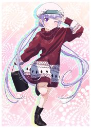 Rule 34 | 1girl, ;), arm up, bag, black footwear, blush, boots, comic lo, dress, earrings, floating hair, full body, hat, highres, holding, holding bag, jewelry, leg up, long hair, long sleeves, looking at viewer, makicha (sasurainopink), new game!, one eye closed, outstretched arm, print sweater, purple eyes, purple hair, red sweater, smile, snowflake print, solo, standing, standing on one leg, suzukaze aoba, sweater, sweater dress, twintails, very long hair, white hat