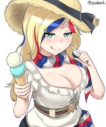 Rule 34 | 10s, 1girl, :q, absurdres, alternate costume, blonde hair, blouse, breasts, cleavage, commandant teste (kancolle), dress, food, green eyes, hat, highres, ice cream, ice cream cone, kantai collection, kiritto, large breasts, multicolored hair, one-hour drawing challenge, parted bangs, shirt, solo, straw hat, streaked hair, tongue, tongue out, wavy hair, white shirt