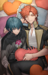 Rule 34 | 2boys, absurdres, armor, black armor, black gloves, blue eyes, byleth (fire emblem), byleth (male) (fire emblem), fire emblem, fire emblem: three houses, garreg mach monastery uniform, gloves, green hair, heart, heart-shaped pillow, highres, indoors, looking at viewer, multiple boys, nintendo, none (kameko227), open clothes, open shirt, orange eyes, pillow, red hair, sitting, sylvain jose gautier