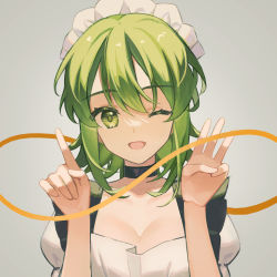 Rule 34 | 1girl, ;d, alternate costume, anniversary, black choker, breasts, choker, cleavage, collarbone, commentary, enmaided, green eyes, green hair, grey background, gumi, hands up, highres, index finger raised, looking at viewer, maid, maid headdress, medium breasts, one eye closed, open mouth, puffy short sleeves, puffy sleeves, short hair, short sleeves, simple background, smile, solo, upper body, vocaloid, zhi (yammycheese)