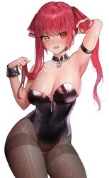 Rule 34 | 1girl, absurdres, arm garter, armpits, bare shoulders, black leotard, black pantyhose, blush, breasts, cleavage, collarbone, commentary, cowboy shot, embarrassed, fang, gg amang, heterochromia, highres, hololive, houshou marine, large breasts, leotard, long hair, looking away, mole, mole on breast, pantyhose, playboy bunny, red eyes, red hair, simple background, skin fang, solo, standing, strapless, strapless leotard, twintails, virtual youtuber, white background, wrist cuffs, yellow eyes