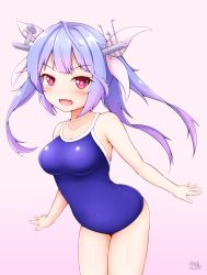 Rule 34 | 1girl, bare arms, bare legs, bare shoulders, blue hair, blue one-piece swimsuit, blush, collarbone, cowboy shot, fang, highres, i-19 (kancolle), kantai collection, long hair, one-piece swimsuit, open mouth, red eyes, signature, skin fang, smile, solo, star-shaped pupils, star (symbol), swimsuit, symbol-shaped pupils, tri tails, zanne