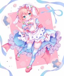 Rule 34 | 1girl, amahane yotsuha, animal ears, apron, blue dress, blue hairband, blue ribbon, blush, bow, braid, chestnut mouth, collared dress, commentary request, dress, floppy ears, frilled dress, frilled hairband, frills, full body, fuxiyu, grabbing another&#039;s ear, green eyes, hair between eyes, hairband, hand on another&#039;s ear, hands up, highres, light brown hair, looking at viewer, parted lips, pink background, pink bow, pink footwear, puffy short sleeves, puffy sleeves, rabbit ears, ribbon, shoes, short sleeves, skindentation, solo, standing, standing on one leg, star (symbol), striped clothes, striped thighhighs, thighhighs, twintails, two-tone background, vgaming, virtual youtuber, white apron, white background