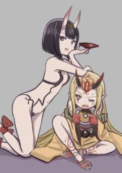 Rule 34 | 2girls, :d, black hair, blonde hair, breasts, cup, fang, fate/grand order, fate (series), hand on another&#039;s head, head rest, head tilt, horns, ibaraki douji (fate), japanese clothes, kimono, kneeling, leg ribbon, multiple girls, navel, off shoulder, one eye closed, oni, open mouth, orange eyes, petite, pointy ears, purple eyes, quro (black river), red ribbon, ribbon, sakazuki, short hair, shuten douji (fate), sitting, skin-covered horns, small breasts, smile, sweatdrop, tattoo
