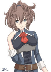 Rule 34 | 1girl, ascot, blue eyes, breasts, brown hair, commentary request, flower, highres, kantai collection, long hair, looking at viewer, messy hair, military, military uniform, red ascot, red flower, red rose, rose, sheffield (kancolle), simple background, small breasts, smile, solo, t2r, uniform, white background