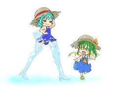 Rule 34 | 2girls, ascot, bag, bare shoulders, blue dress, blue hair, blush stickers, chamaji, cirno, commentary request, daiyousei, dress, fairy wings, green eyes, green hair, hair between eyes, hand in own hair, hand on own hip, handbag, hat, hat ribbon, high heels, ice, multiple girls, no wings, open mouth, outstretched arms, pointy ears, prosthesis, prosthetic leg, ribbon, sandals, short hair, side ponytail, sidelocks, simple background, sleeveless, smile, spread arms, straw hat, touhou, wings