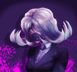 Rule 34 | 1girl, absurdres, blood, buttons, danganronpa (series), danganronpa 3 (anime), eyebrows, flipped hair, highres, jacket, kimura seiko, mask, mouth mask, one eye covered, purple eyes, shirt, side bangs, silver hair, simple background, solo, surgical mask, white shirt