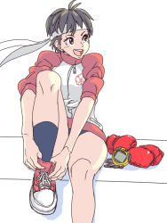 Rule 34 | 1990s (style), 1girl, alternate costume, black hair, brown eyes, capcom, converse, gloves, headband, jacket, kasugano sakura, open mouth, shoes, short hair, sleeves pushed up, sneakers, stopwatch, street fighter, street fighter zero (series), toppa (igarappa), track jacket, watch