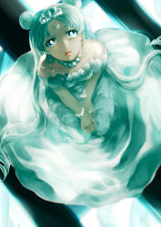 Rule 34 | 1girl, aqua theme, bare shoulders, bishoujo senshi sailor moon, blue eyes, bracelet, crescent, crescent facial mark, double bun, dress, earrings, facial mark, forehead mark, from above, highres, jewelry, lipstick, long hair, looking at viewer, makeup, mikura (miraclemicro), necklace, neo queen serenity, orange lips, parted lips, pearl bracelet, pearl necklace, silver hair, sitting, solo, strapless, strapless dress, stud earrings, tiara, tsukino usagi, twintails, v arms, white dress