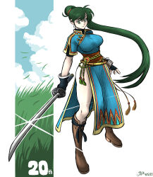 Rule 34 | 1girl, absurdres, anniversary, ass, black gloves, black shirt, blue dress, boots, breasts, brown footwear, cloud, cloudy sky, commentary, dated, dress, earrings, field, fire emblem, fire emblem: the blazing blade, glint, gloves, grass, green eyes, green hair, highres, holding, holding sword, holding weapon, jewelry, knee boots, large breasts, long hair, lyn (fire emblem), nintendo, pelvic curtain, ponytail, shirt, shirt under dress, signature, sky, solo, swept bangs, sword, thighs, videajames, weapon