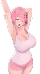 1girl absurdres arms_up breasts cleavage hair_ornament hair_over_one_eye highres huge_breasts looking_at_viewer parted_lips pink_eyes pink_hair pink_shorts pink_sleeves shirt short_hair shorts sleepy solo taoqi_(wuthering_waves) turnipdish white_shirt wuthering_waves