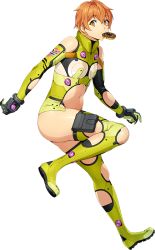 Rule 34 | 1girl, bodysuit, brown eyes, brown hair, doughnut, food, full body, gloves, looking at viewer, mouth hold, navel, official art, short hair, solo, super robot wars, super robot wars x-omega, transparent background, watanabe wataru (character designer)