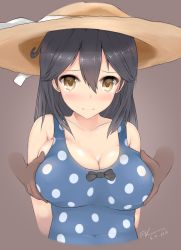 Rule 34 | 10s, 1girl, 2015, ahoge, black hair, blue one-piece swimsuit, breasts, brown background, brown eyes, cleavage, dated, female focus, grabbing, grabbing another&#039;s breast, grabbing from behind, hat, kantai collection, kuavera, large breasts, long hair, one-piece swimsuit, polka dot, polka dot swimsuit, simple background, solo focus, sun hat, swimsuit, twitter username, ushio (kancolle)
