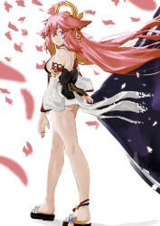 Rule 34 | 1girl, absurdres, animal ears, ankle bell, ass, bare legs, bare shoulders, breasts, closed mouth, commentary, detached sleeves, earrings, falling feathers, feathers, fox ears, full body, genshin impact, highres, jewelry, light smile, long hair, looking at viewer, looking back, medium breasts, no legwear, pink hair, purple eyes, renxzd, sandals, shirt, sideboob, simple background, sleeveless, sleeveless shirt, solo, white background, white shirt, white sleeves, yae miko