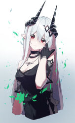 Rule 34 | 1girl, absurdres, arknights, bare shoulders, beudelb, black choker, black dress, black gloves, blush, breasts, choker, cleavage, collarbone, commentary, dress, falling leaves, gloves, gradient background, grey background, hair between eyes, hair ornament, highres, horns, jewelry, leaf, long hair, looking at viewer, medium breasts, mudrock (arknights), mudrock (silent night) (arknights), pointy ears, red eyes, see-through, see-through sleeves, sidelocks, solo, straight hair, very long hair, white background, white hair