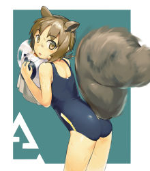 Rule 34 | 1girl, absurdres, animal ears, arknights, ass, brown eyes, brown hair, chinese commentary, highres, large tail, looking back, school swimsuit, shaw (arknights), short hair, simple background, squirrel tail, swimsuit, tail, wet, zhongye yu