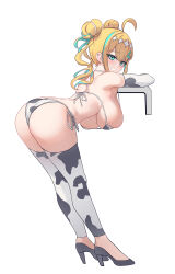 Rule 34 | 1girl, absurdres, ahoge, animal print, aningay, ass, bare shoulders, bent over, bikini, black footwear, blonde hair, blue hair, breasts, copyright request, cow print, detached leggings, double bun, full body, hair bun, high heels, highres, large breasts, long hair, multicolored hair, print bikini, shoes, side-tie bikini bottom, simple background, smile, solo, streaked hair, swimsuit, twintails, white background