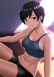 Rule 34 | 1girl, bare arms, bare shoulders, bike shorts, black hair, blush, breasts, closed mouth, collarbone, commentary request, from side, hashi, indoors, knees up, looking at viewer, looking to the side, medium breasts, navel, on floor, original, red eyes, short hair, sitting, smile, solo, stomach, sunlight, swept bangs, tomboy, window shadow, wooden floor