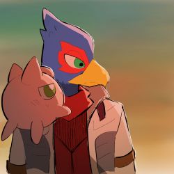 Rule 34 | 1boy, backlighting, bad id, bad pixiv id, bandana, beak, bird boy, blue fur, blush, body fur, closed mouth, creatures (company), crossover, falco lombardi, from side, furry, furry male, game freak, gen 1 pokemon, gradient background, green eyes, half-closed eyes, highres, jacket, jigglypuff, jumpsuit, light blush, long sleeves, looking at another, looking to the side, looking up, nintendo, open clothes, open jacket, pokemon, pokemon (creature), red fur, red jumpsuit, simple background, sketch, star fox, super smash bros., sweat, two-tone fur, udon (udon xxx), upper body, white jacket