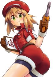 Rule 34 | 1girl, ass, bike shorts, black shirt, blonde hair, blouse, blush, breast pocket, brown gloves, cabbie hat, capcom, clipboard, cowboy shot, from behind, from below, gloves, green eyes, hair between eyes, hat, highres, jacket, jumpsuit, leaning, leaning forward, looking at viewer, m.m, mega man (series), mega man legends (series), overalls, pocket, red hat, red jumpsuit, roll caskett (mega man), shiny clothes, shirt, short hair, short sleeves, shorts, simple background, smile, solo, white background