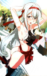 Rule 34 | 10s, 1girl, armpits, arms up, ass, black thighhighs, blue sky, blush, breasts, brown eyes, covered erect nipples, crowd, day, dutch angle, elbow gloves, from behind, from side, gloves, hairband, hands on own head, kantai collection, leotard, long hair, looking back, medium breasts, outdoors, plant, revealing clothes, ruuto (sorufu), see-through, shoukaku (kancolle), sideboob, sidelocks, silver hair, skin tight, sky, solo focus, standing, sunlight, thighhighs, tree, twisted torso, very long hair, white gloves, yellow eyes
