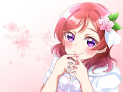 Rule 34 | 1girl, a song for you! you? you!, artist name, artist request, blush, bow, female focus, flower, hair between eyes, hair flower, hair ornament, hakumaikonatsu, highres, leaf hair ornament, looking at viewer, love live!, love live! school idol festival, love live! school idol project, nail polish, nails, nishikino maki, parted lips, pink background, pink bow, pink nails, pink neckwear, pink scrunchie, purple eyes, red hair, sailor collar, scrunchie, shirt, short hair, smile, solo, white shirt
